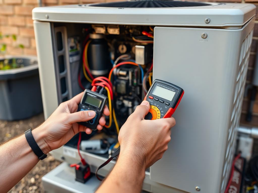 Testing an AC condenser unit with a multimeter during a repair